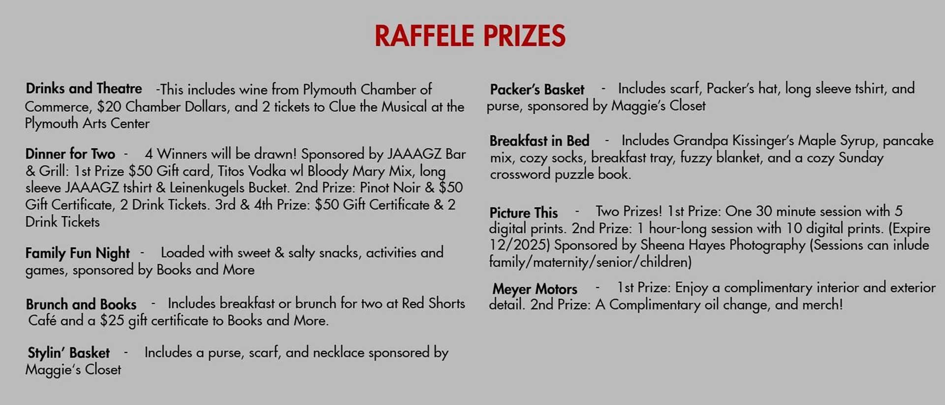A list of raffle prizes